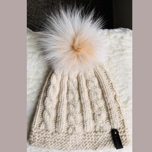 Load image into Gallery viewer, Hand knit Recycled Cashmere hat with recycled fur pompom
