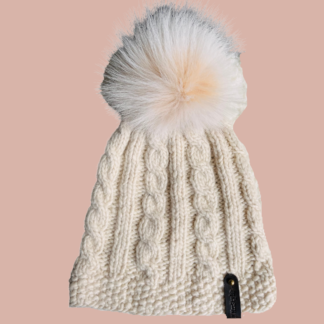 Hand knit Recycled Cashmere hat with recycled fur pompom