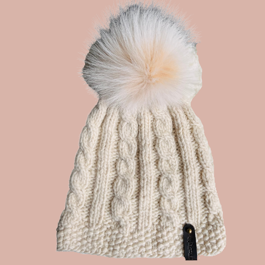 Hand knit Cashmere hat with recycled fur pompom